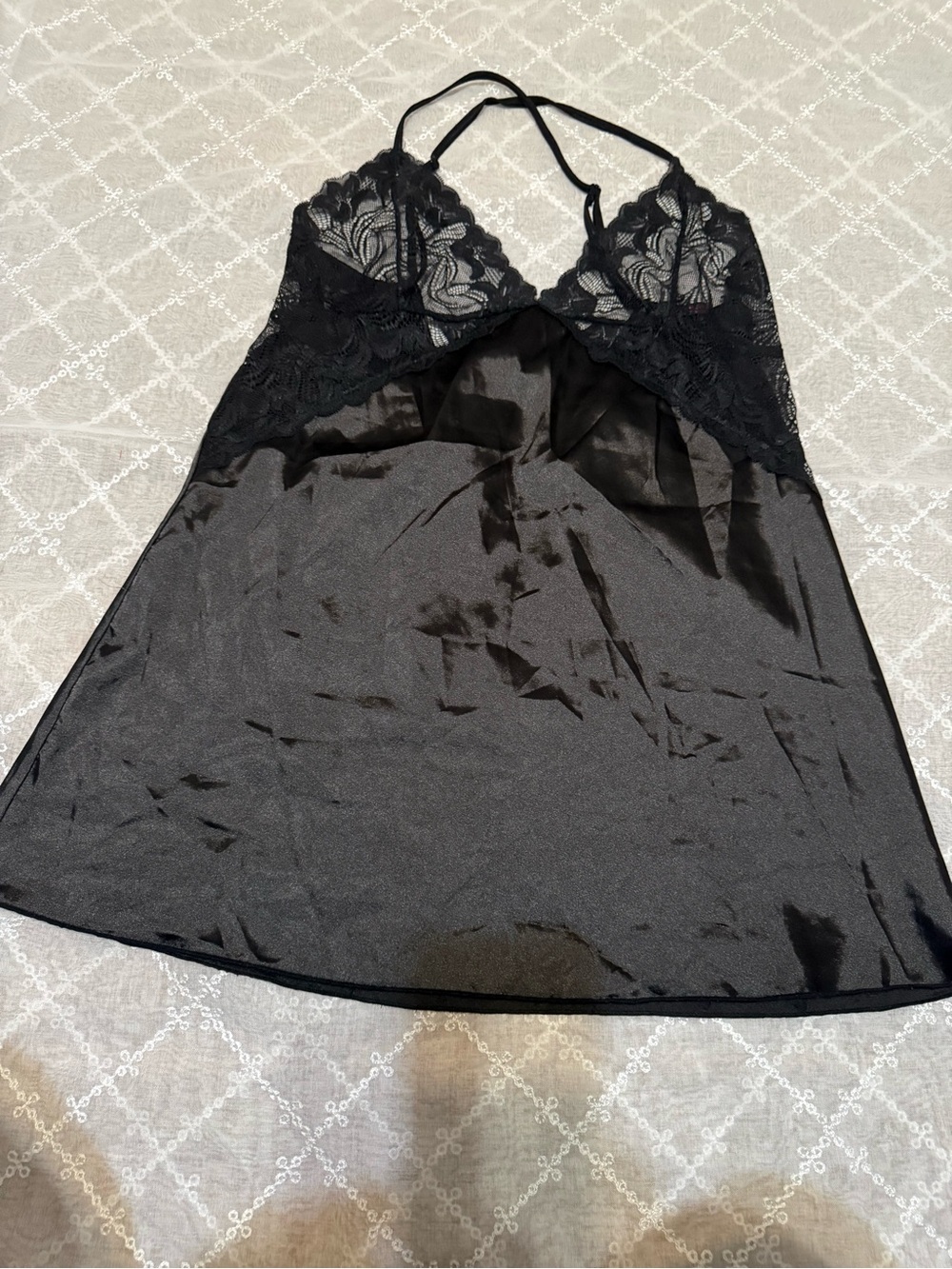 Black Lace-Trim Satin Chemise with V-Neck